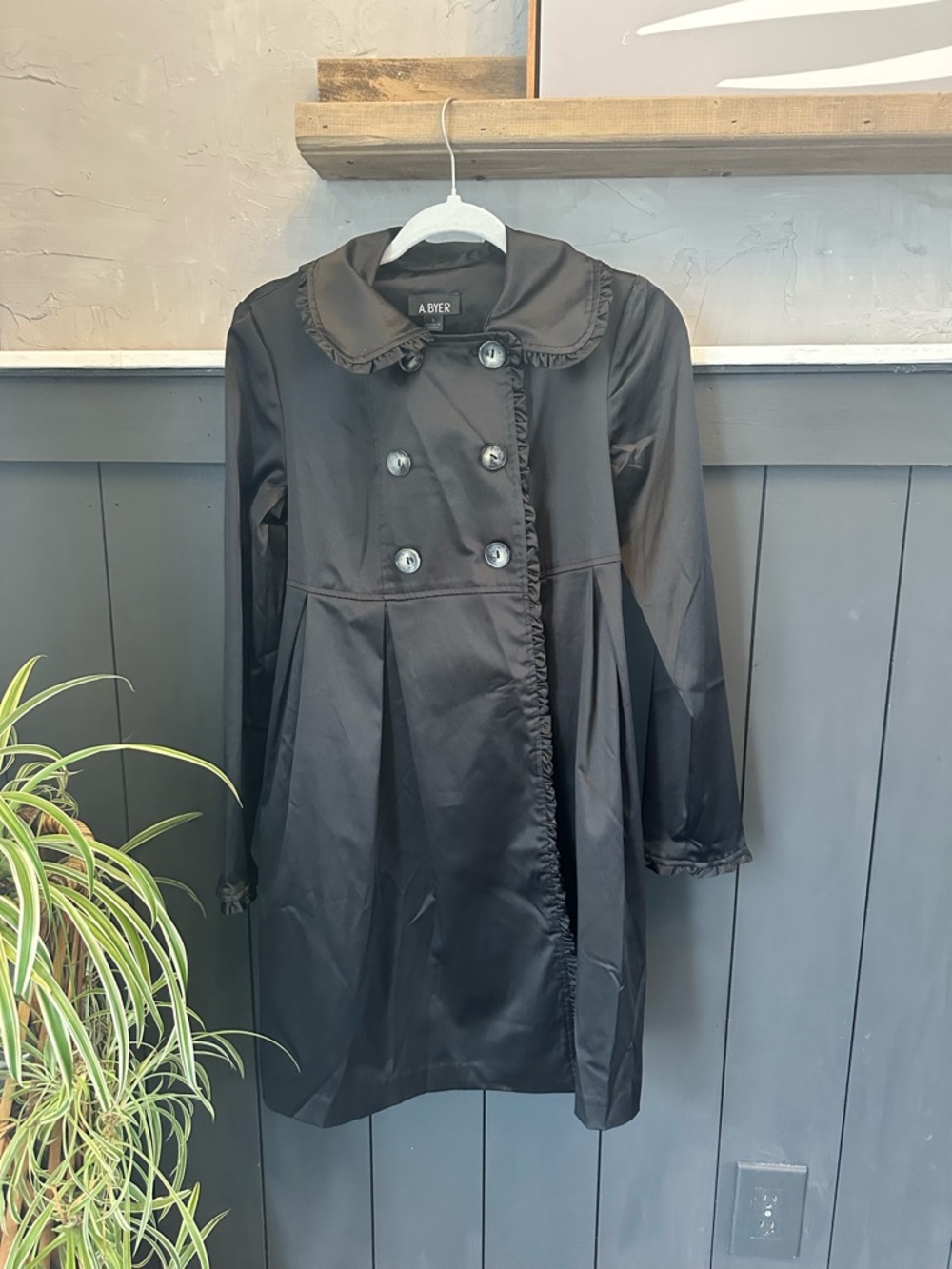 A. Byer‎ Y2K Black Satin Feel 3/4 Length Double Breasted Ruffle Trench Coat sz S